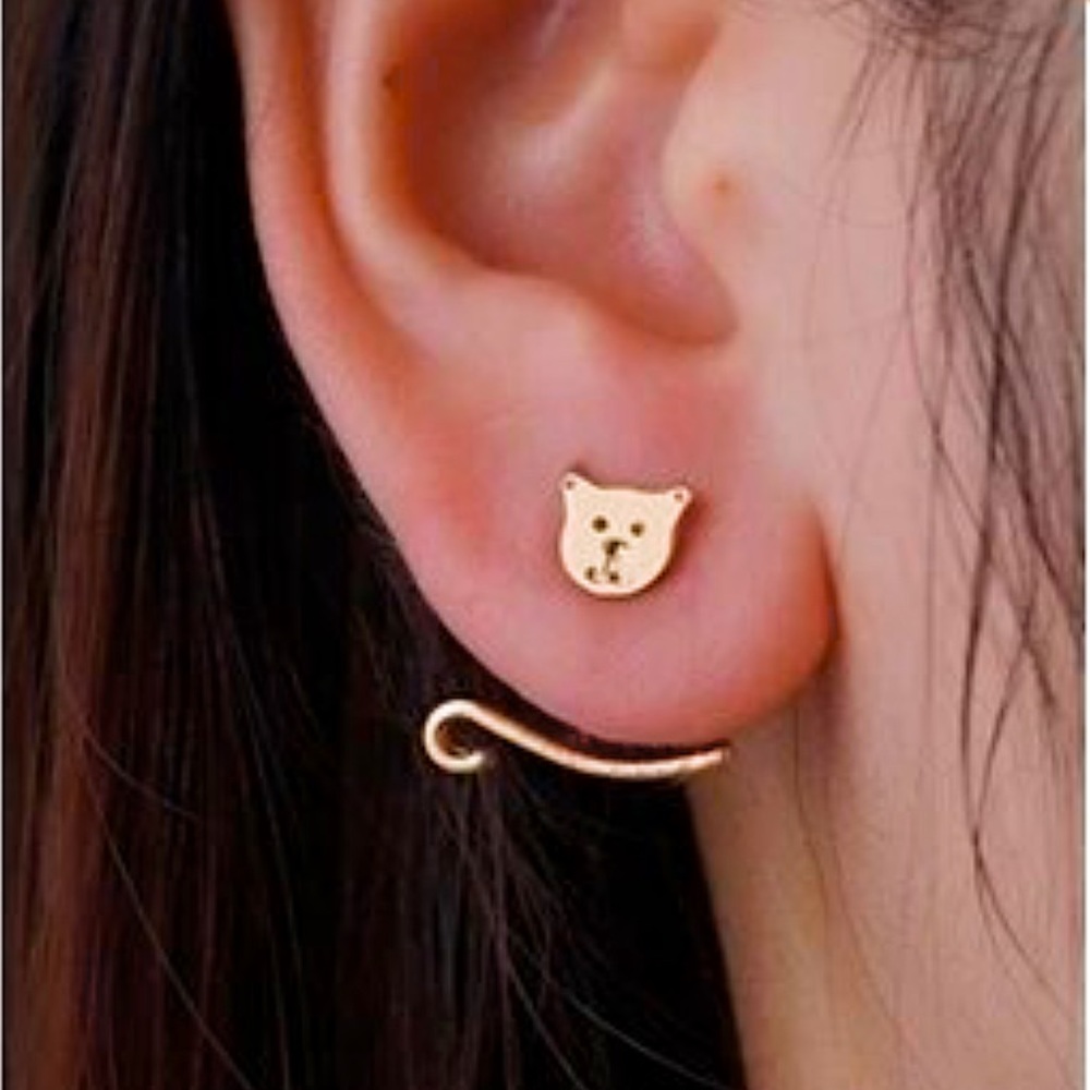 Kitty Cat Wrap Around Climber Minimalist Dainty Small 925 Silver Gold Earrings - Picture 5 of 5